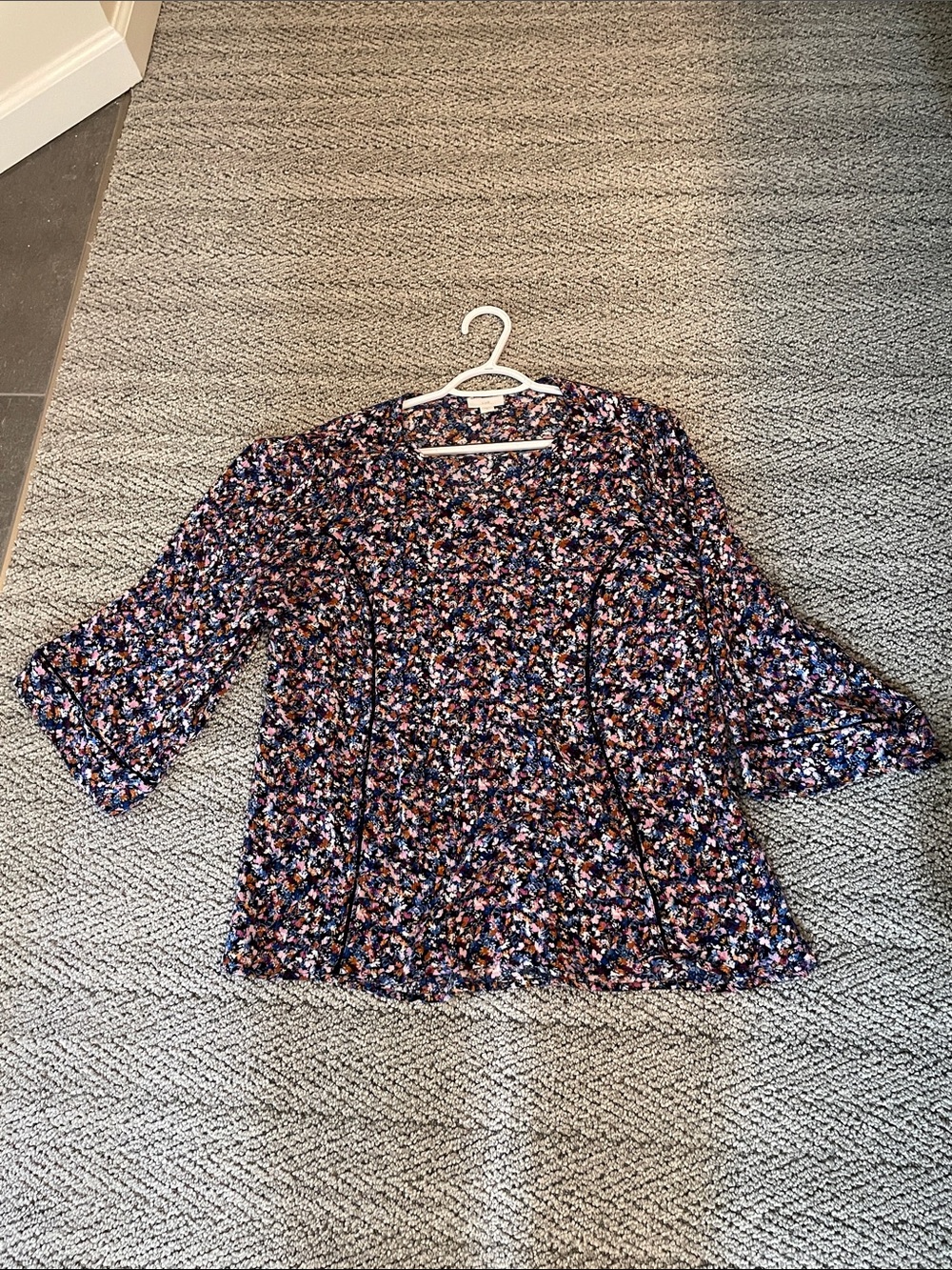 J. Jill Navy Multi Floral Bell-Sleeve Blouse